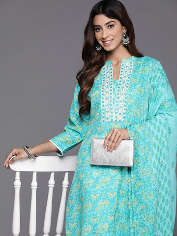 Varanga Women Blue Floral Kurta Paired With Bottom & Dupatta